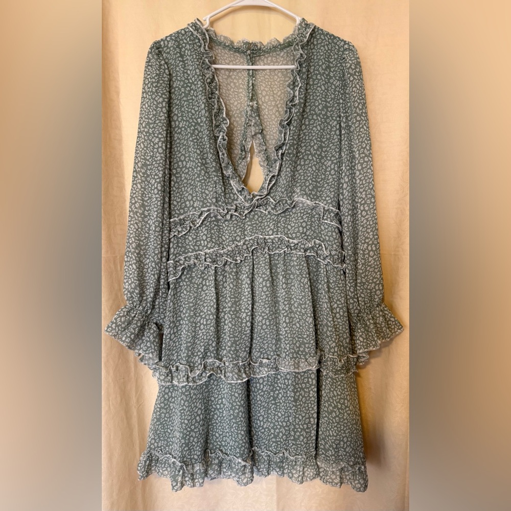 Boho Ruffle Dress, Women’s Large Green & White Leopard Print Boho Flare Dress